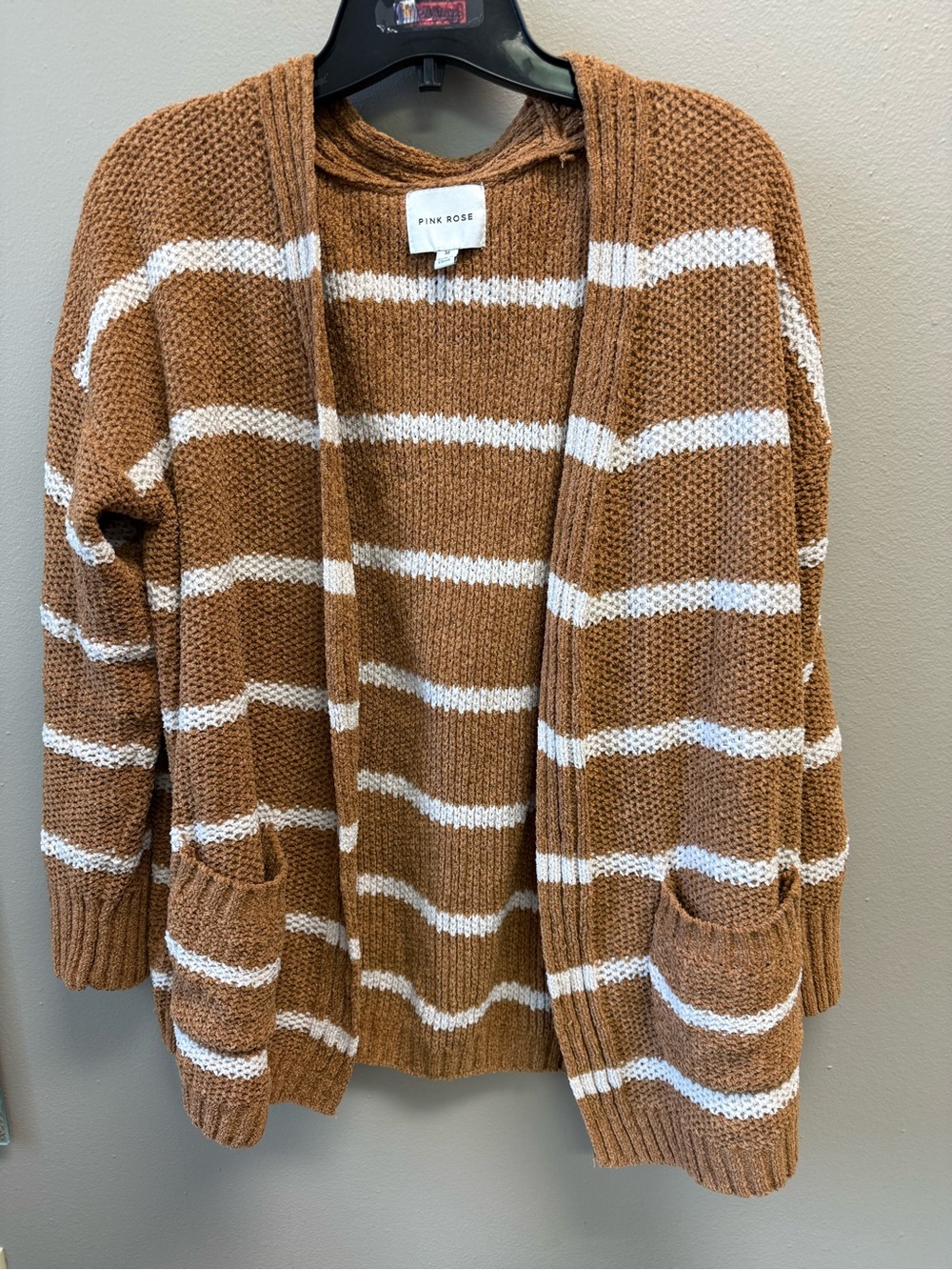Pink Rose Brown & White Striped Open-Front Cardigan